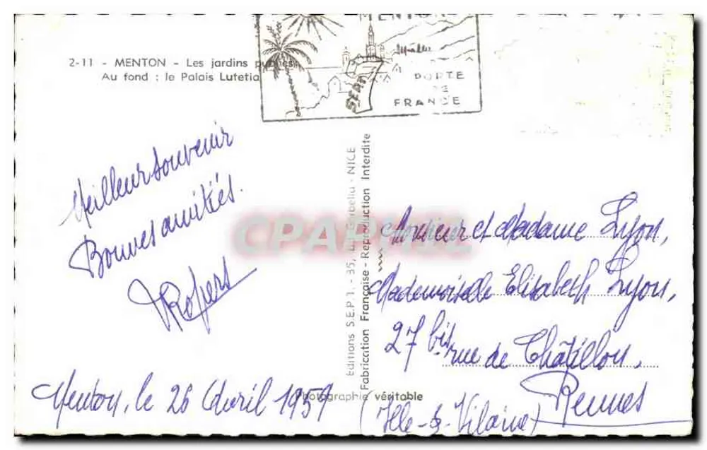 Menton — Die öffentlichen Gärten — Im Hintergrund: Palais Lutetia — Editions SEP 1 - 35 - Nice - Rückseite