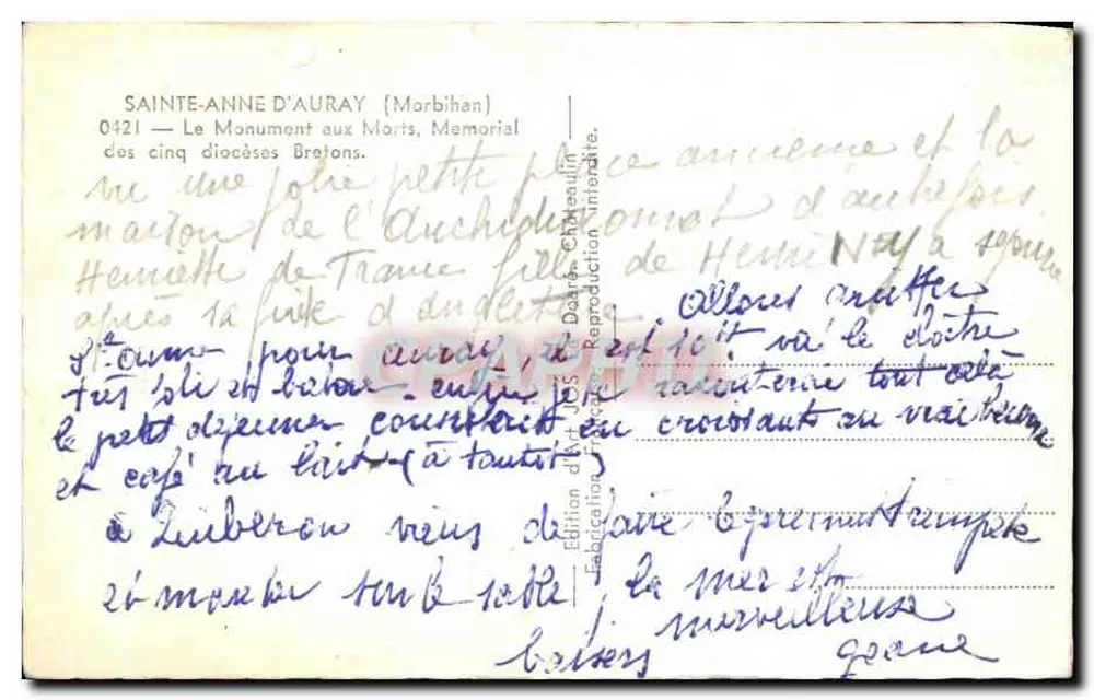 Santa Ana de Auray — Monumento aos Mortos dos cinco diocesanos Bretões — Edição de Arte Jos - Verso