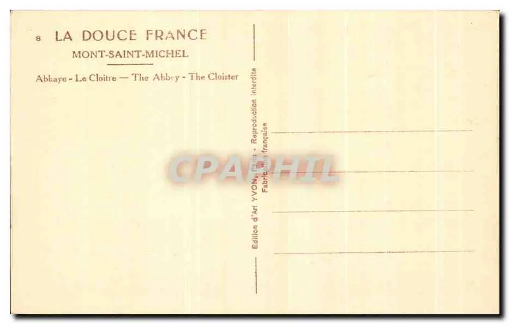 Mont-Saint-Michel — O Claustro — Abadia — Edição de Arte YVOH, Editora Francesa - Verso