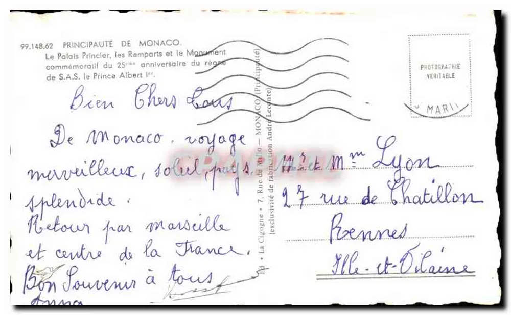 Prinzenpalast und Gedenkmonument — Fürstentum Monaco — Verlag La Cigogne, Nr. 99.148.62 - Rückseite
