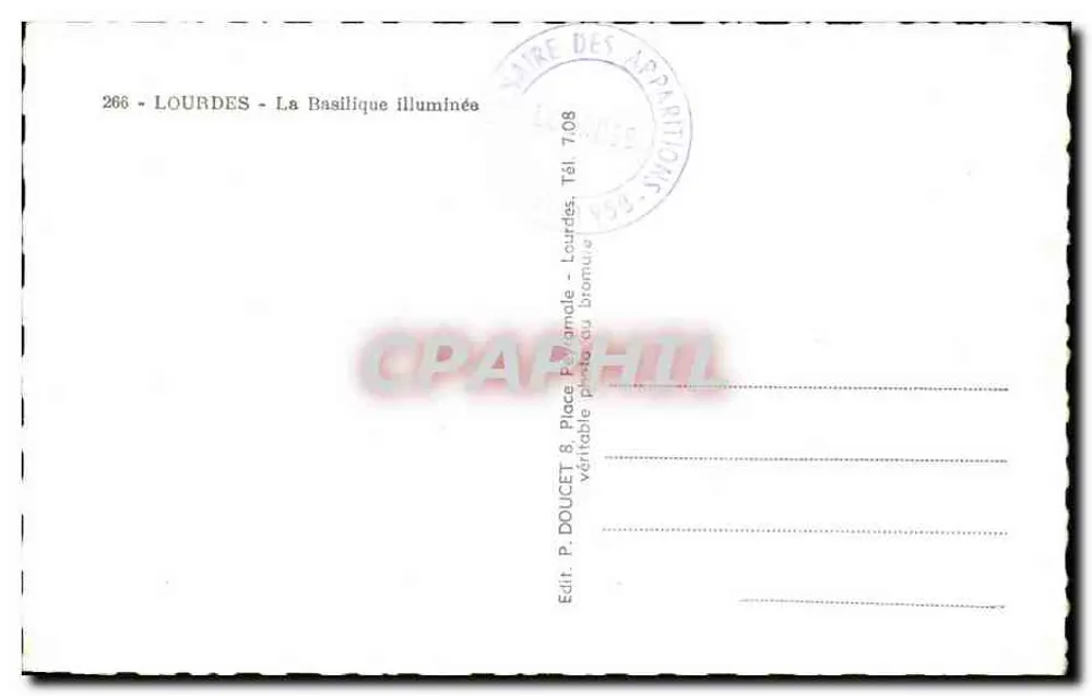 Lourdes — A Basílica iluminada — Edit. P. DOUCET, Place Pélamule, Lourdes - Verso
