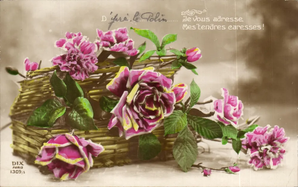 Bouquet van rozen en bloemen in een mandje — D'après le Polin — uitgever DIX, n° 1309/s - Voorkant