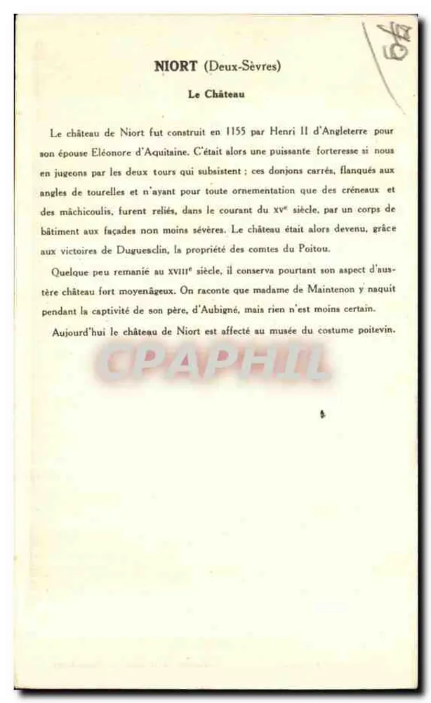 Niort (Deux-Sèvres) — A Vista do Castelo — Coleção da Solução Pautanberge, 7ª Série - Verso