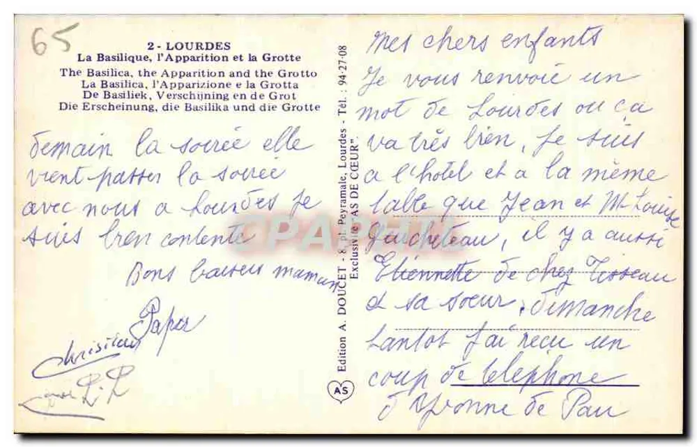 Lourdes — Aparição da Virgem Maria e Basílica — Edição A. DOUCET - Verso