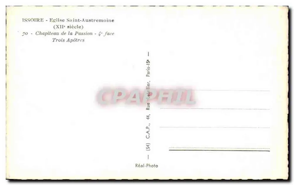 Issoire - Kirche Saint-Austremoine — Kapitell der Passion, 4. Seite, Drei Apostel — Réal-Photo, Paris - Rückseite