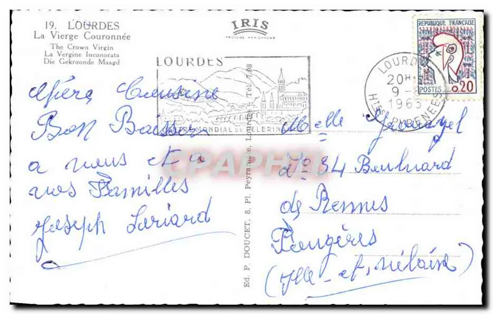 Lourdes — Estátua da Virgem Coroada — Editor P. Doucet, n°19 - Verso