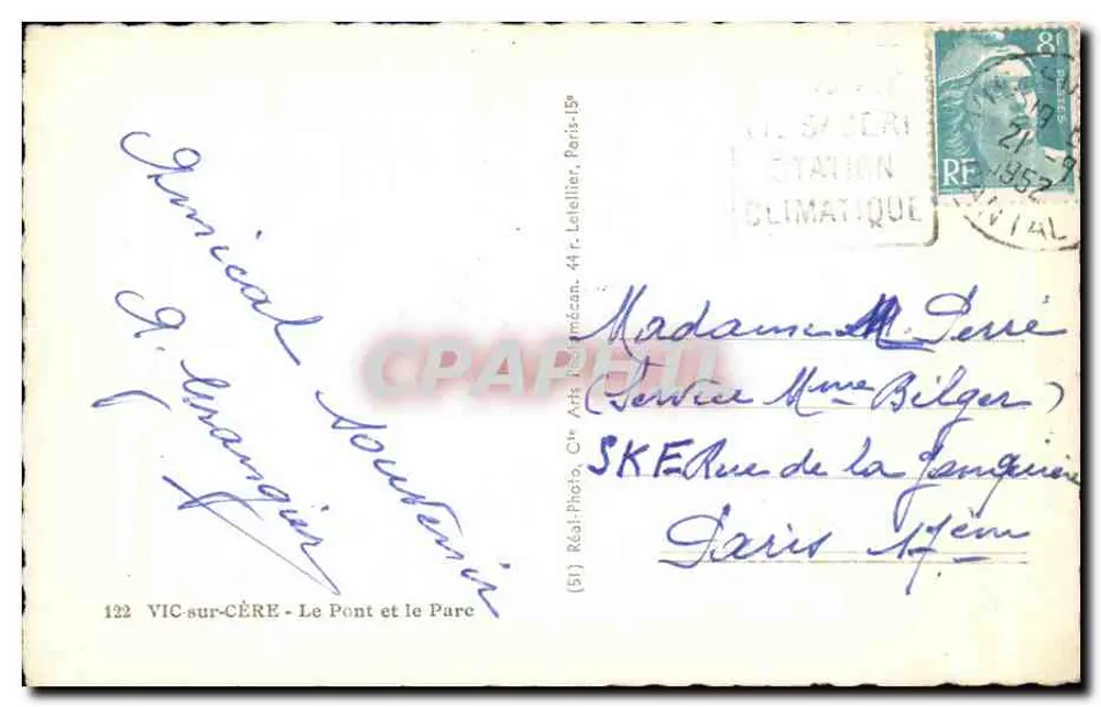 Vic-sur-Cère — O Ponte e o Parque — Réal-Photo, Cr. Arts Réal-méc. 15¢ - Verso