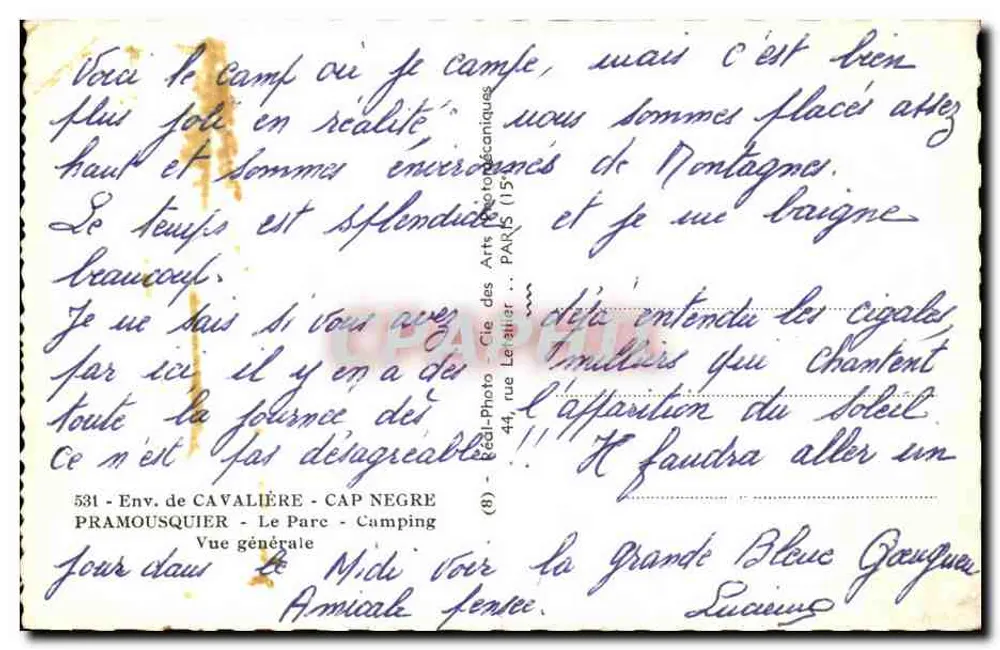 Vue générale du camping de Cap Negre — Env. de Cavalière — éditeur Cie des Arts Photographiques, Paris - Rückseite