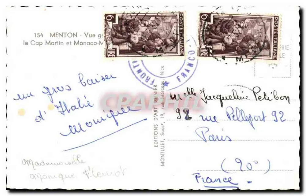 Menton - Vista geral do Cap Martin e Mônaco — Éditions d'Art Hunier, n°154 - Verso