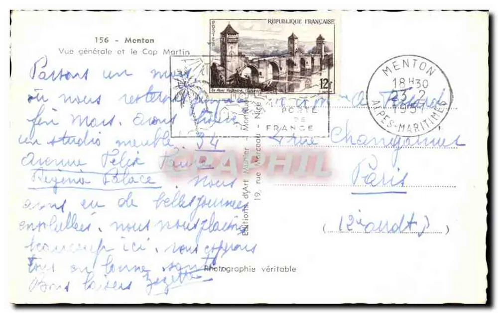 Menton - Visão geral e o Cap Martin — Edição d'Art Monnier, n° 156 - Verso
