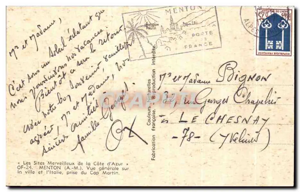 Menton — Allgemeine Ansicht der Stadt und Italien, vom Cap Martin aus — Die Wunder der Côte d'Azur, OF-24, A.M. (Verlag) - Rückseite