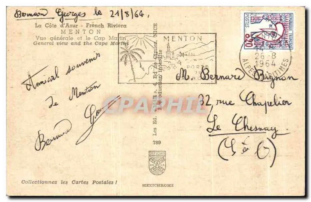 Vista geral de Menton — Cabo Martin — Ed. Mexichrome, n° 789 - Verso