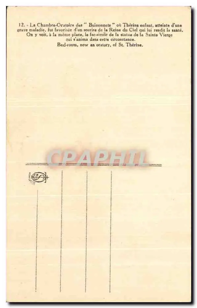 Quarto de Oração dos Buisonnets — Estátua da Santa Virgem — Editor não identificado, n° 12 - Verso