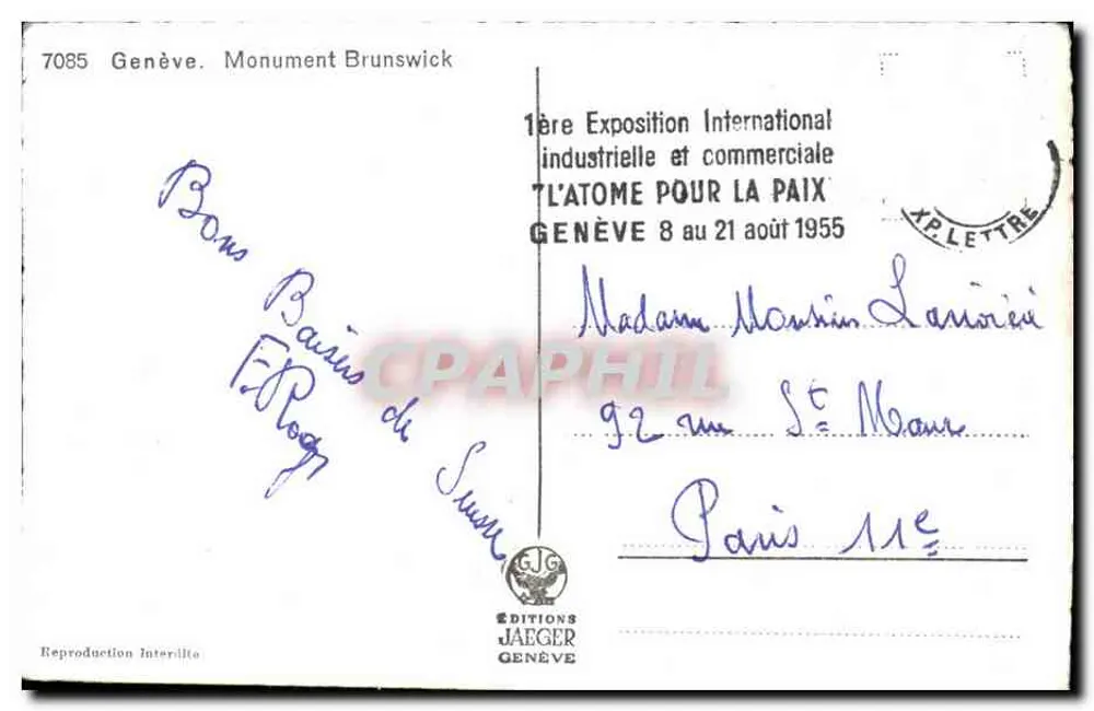 Genève. Monument Brunswick — 1ª Exposição internacional industrial e comercial 'L'Atome pour la Paix' — Éditions Jaeger - Verso