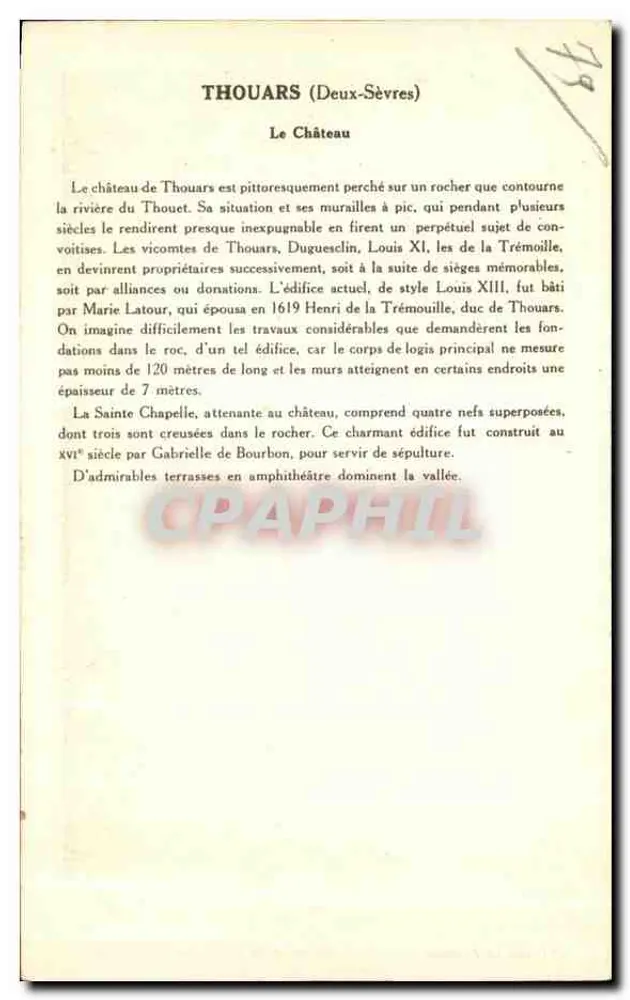 Thouars (Deux-Sèvres) — O Castelo — Coleção da Solution Pauwaberge - Verso