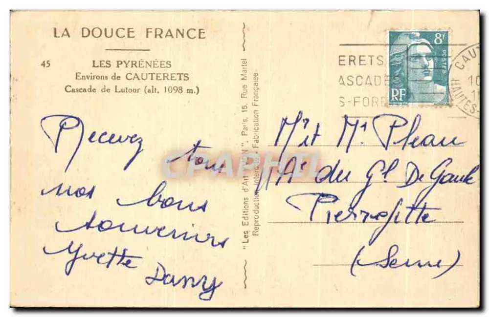 Cachoeira de Lutour — Os Pirineus — Edições de Arte 'La Douce France' - Verso