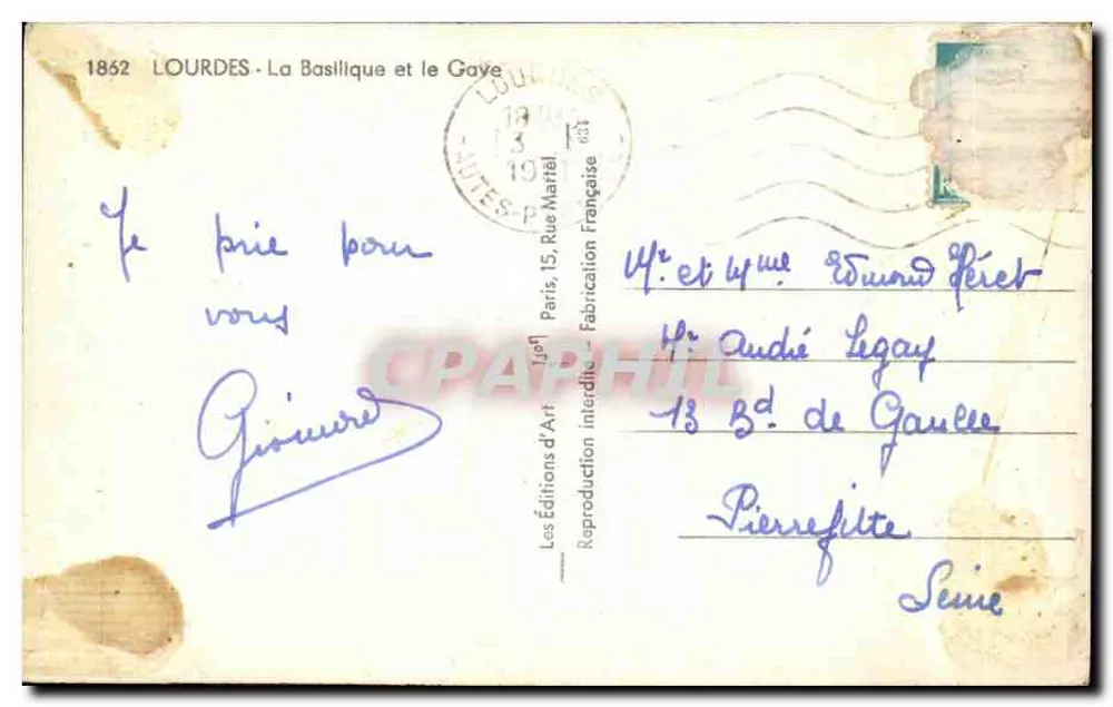 Lourdes - La Basilica e il Gave — Éditions d'Art, n° 1852 - Verso