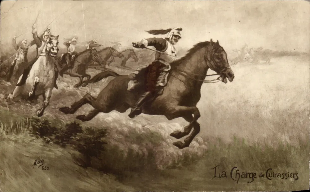 La Charge de Cuirassiers — scène de cavalerie en action — éditeur Imp. M. NICOU, 109 rue Marthe Cléry - Vorderseite