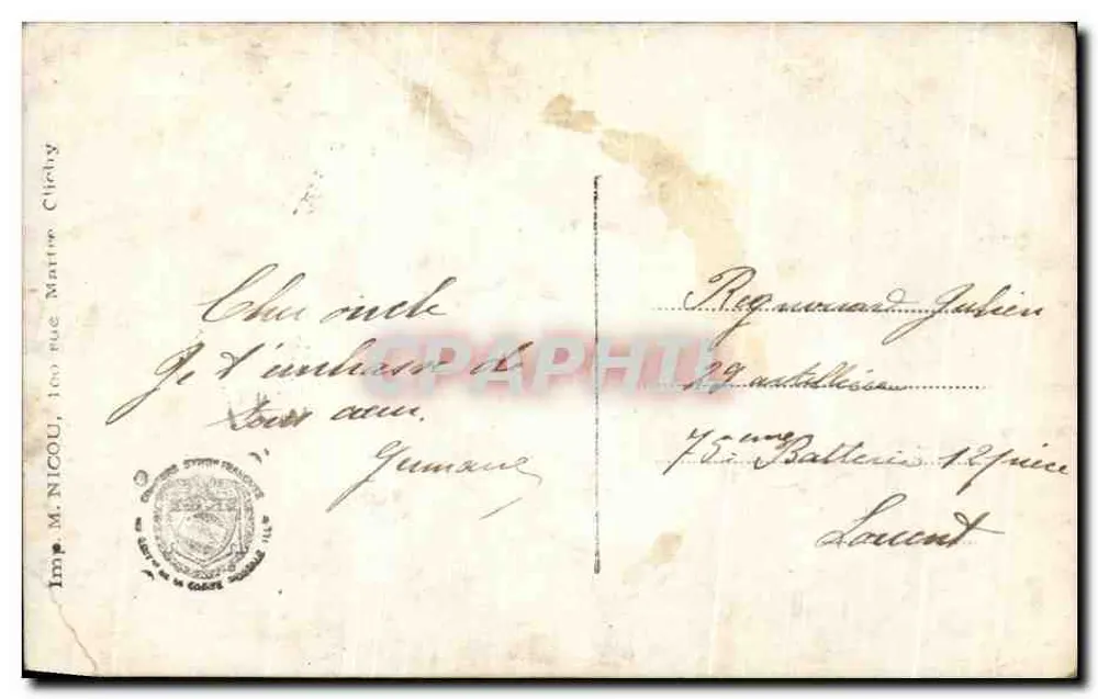 La Charge de Cuirassiers — scène de cavalerie en action — éditeur Imp. M. NICOU, 109 rue Marthe Cléry - Rückseite