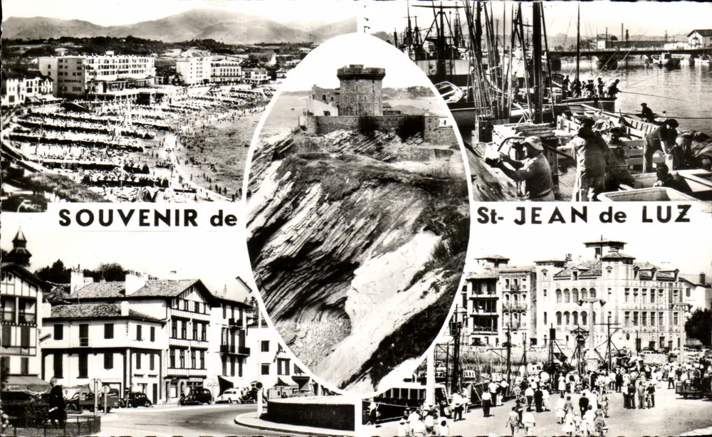 St-Jean-de-Luz — vista panorâmica com porto, praia e castelo — Lembrete de St-Jean de Luz - Frente
