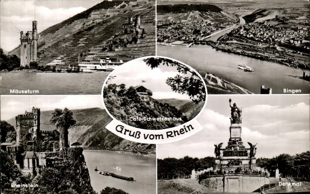 Ansicht von Bingen und dem Rhein — Café-Schweizerhaus und Denkmäler — Verlag V. Palmann, Wiesbaden, n° 337/F - Vorderseite