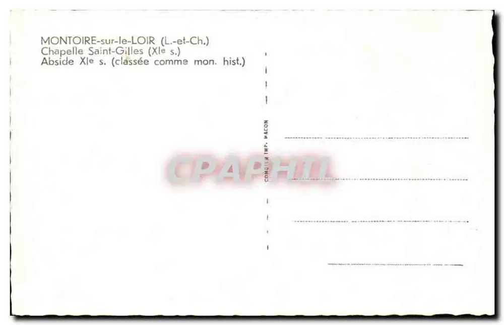 Montoire-sur-le-Loir — Kapelle Saint-Gilles (12. Jahrhundert) — Cimé, impr. Macon - Rückseite