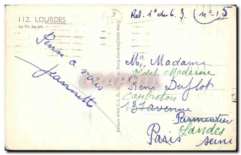 Lourdes — Centre mondial de pèlerinage — Éditions d'Art C. L. D., Lourdes (Cliché Alain) - Verso