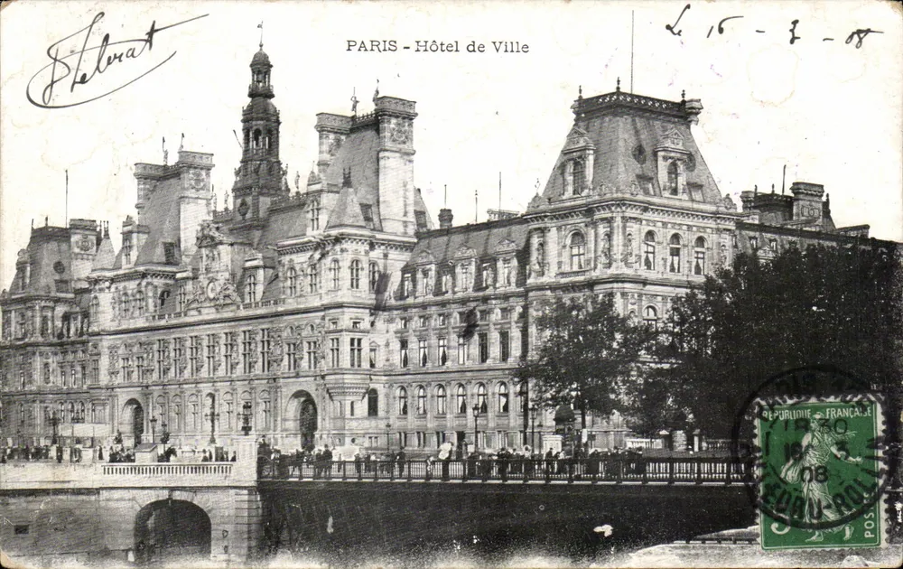 PARIS - Hotel de Ville — vista do edifício e da Seine — editor F. Lebrat, número de série não visível - Frente