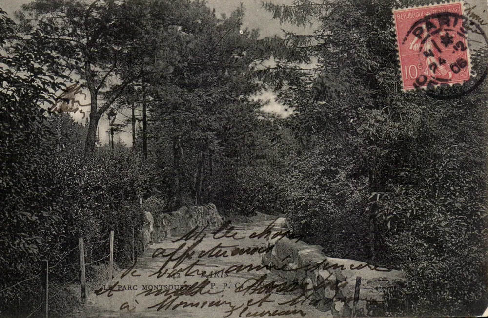 O Parque Montsouris — Vista do caminho cercado de árvores — P.P. C. Paris - Frente