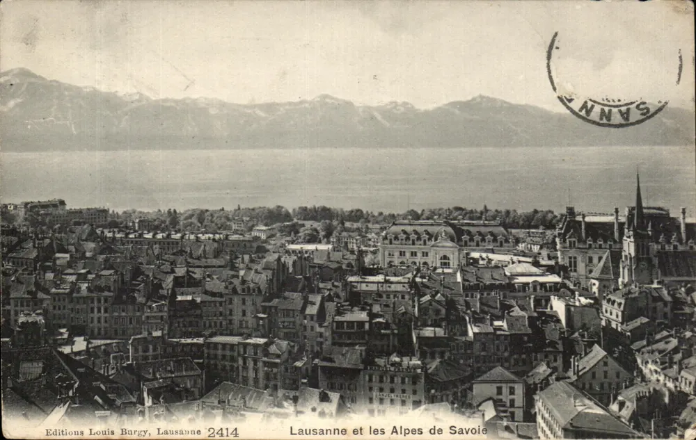 Lausanne und die Alpen der Savoie — Luftansicht der Stadt und des Sees mit Bergen im Hintergrund — Éditions Louis Burgy, Lausanne 2414 - Vorderseite