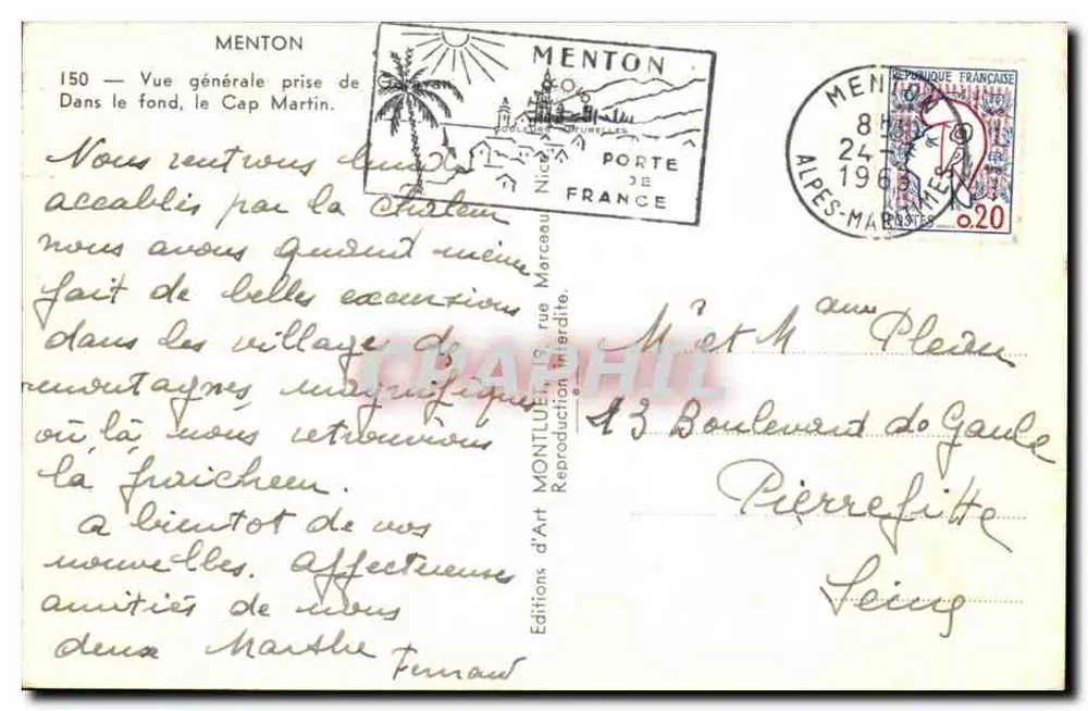 Menton — Allgemeine Ansicht vom Grund, der Cap Martin — Éditions d'Art Montliet - Rückseite