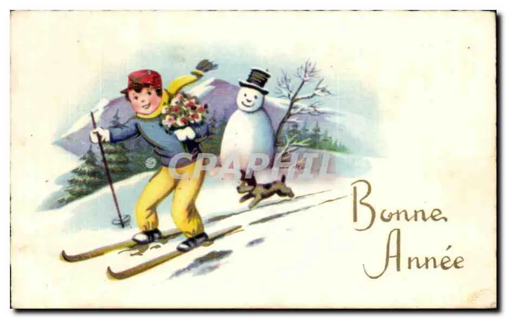 Kind auf Ski mit Schneemann — Frohe Weihnachten — Verleger nicht sichtbar - Vorderseite