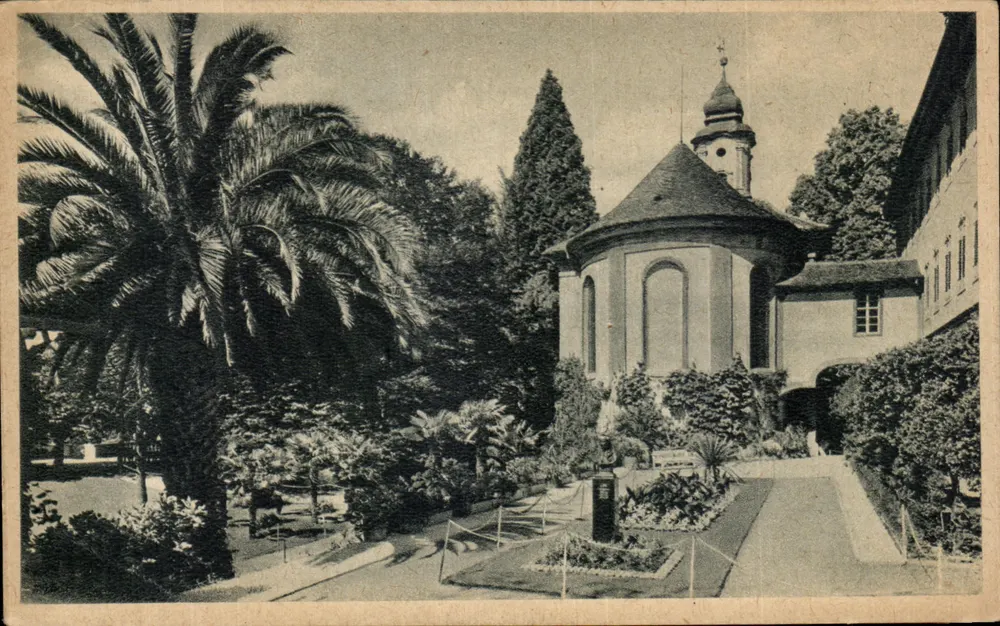 Ilha Mainau (Lago de Constança) — Parte perto da Igreja do Castelo; à esquerda Palmeira Fenix, totalmente à direita Árvores de Laranjeira e Limoeiro — Kunstverlag Erwin Burda, Freiburg - Frente