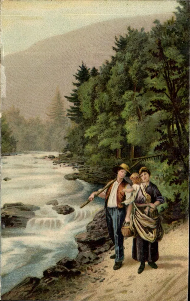 Família perto de um riacho — paisagem montanhosa — editor Trade-Nepal, n° 198 - Frente