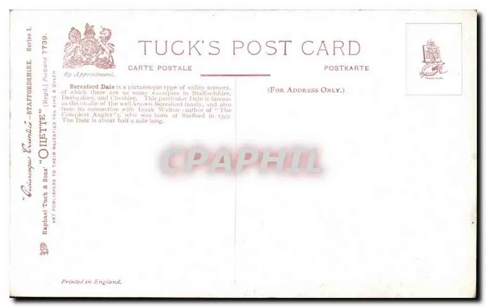 Beresford Dale — Staffordshire — Tuck's Post Card, Serie 7739 - Rückseite