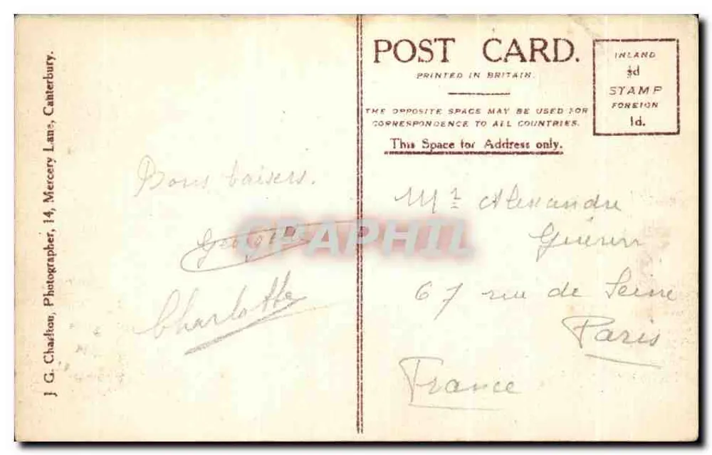 Ruínas do Priorado, Catedral de Canterbury — J.G. Chadston, 14, Mercury Lane, Canterbury - Verso