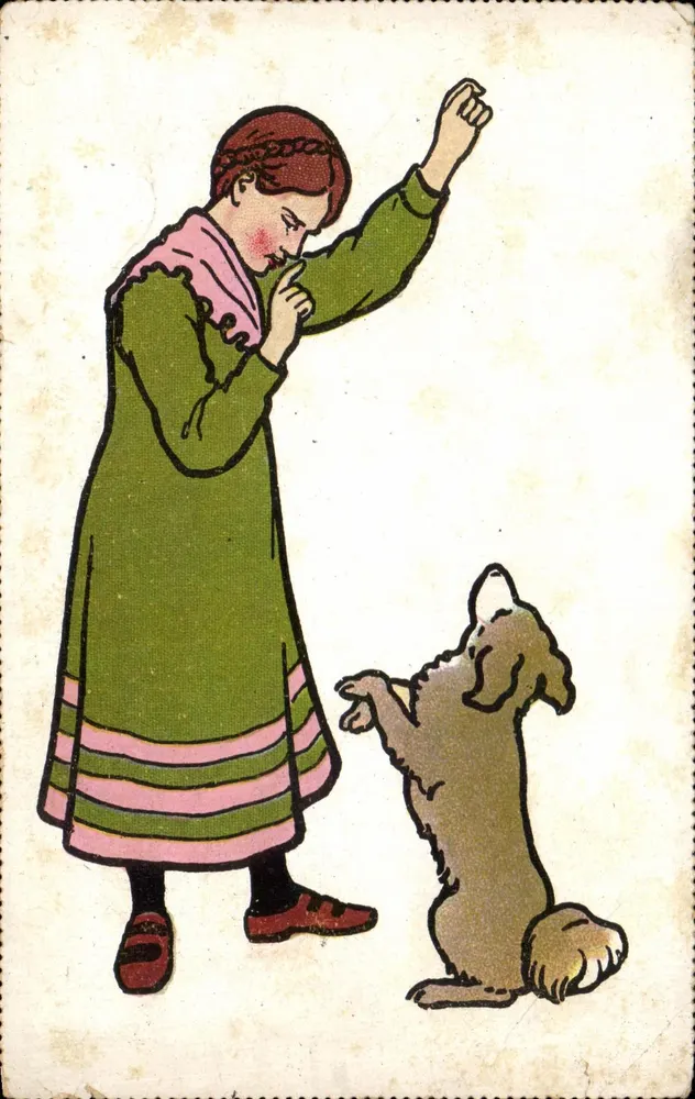 Mulher e cachorro — cena de treinamento — editor desconhecido - Frente