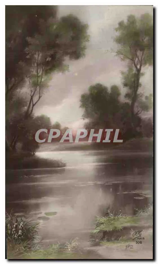 Paesaggio di fiume con canne — Cartolina d'epoca n°308 — editore Paris - Recto