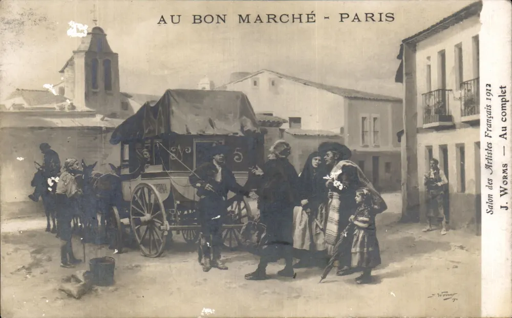 Am Bon Marché - Paris — Marktszene mit Wagen — Salon des Artistes Français 1912, J. Worms - Vorderseite