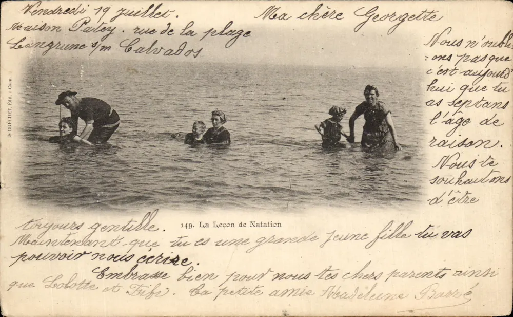 Leçon de Natation — La plage de Longrune (Calvados) — J. BRÉHET, Éditeur à Caen, n°149 - Frente