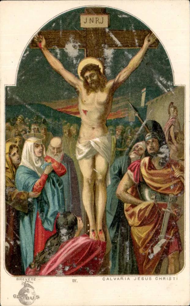 Calvaria Jesus Christi — scène de la crucifixion — éditeur GLOBUS, n° IX - Frente
