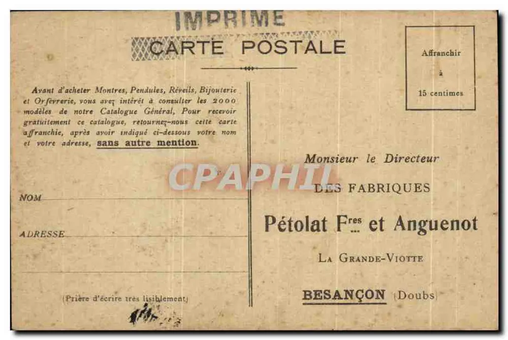 Verwaltung und Büros der PÉTOLAT FRÈRES und ANGUENOT Fabriken — Fabriken Avenue Denfert-Rochereau, Besançon — Herr RATTETAT LUXEUIL - Rückseite