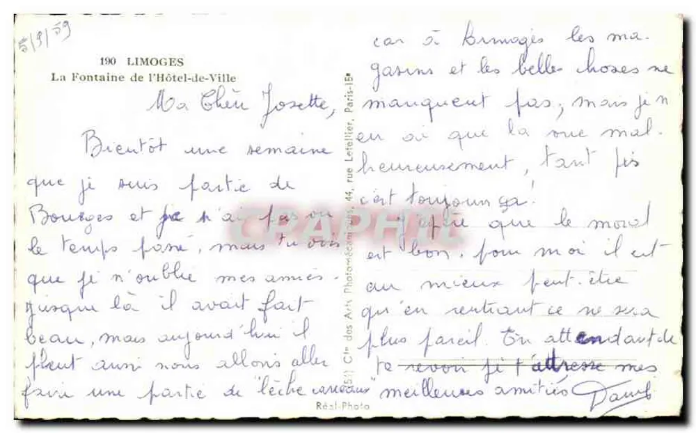 Fontaine des Hôtel-de-Ville — Limoges — Verlag Résli-Photo, Nr. 190 - Rückseite