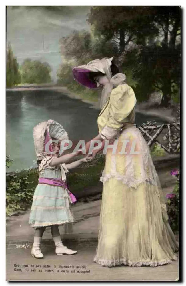 Mutter und Kind spielen mit einer Puppe — Garten-Szene — anonymer Verleger, Nr. 3136/2 - Vorderseite