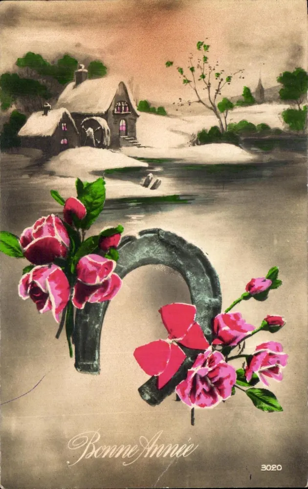 Winterlandschaft mit schneebemantelter Haus — Frohe Weihnachten — unbekannter Verlag, Nr. 3020 - Vorderseite