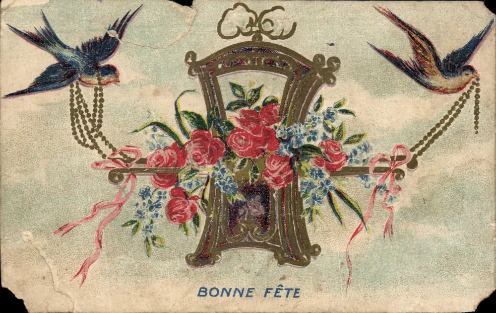 Weihnarkarte mit Vögeln und Blumenarrangement — dekoratives Motiv — Verlag 'Union postale universelle' (Rückseite) - Vorderseite