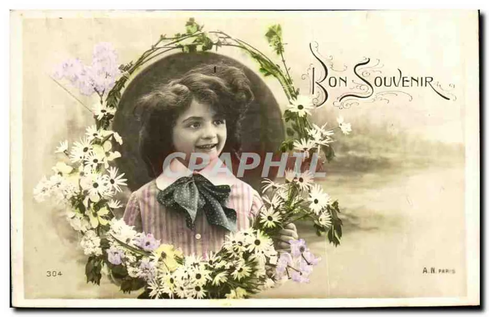 Lächelnde Mädchen in einem Blumenrahmen — Bon Souvenir — A.N. PARIS n°304 - Vorderseite