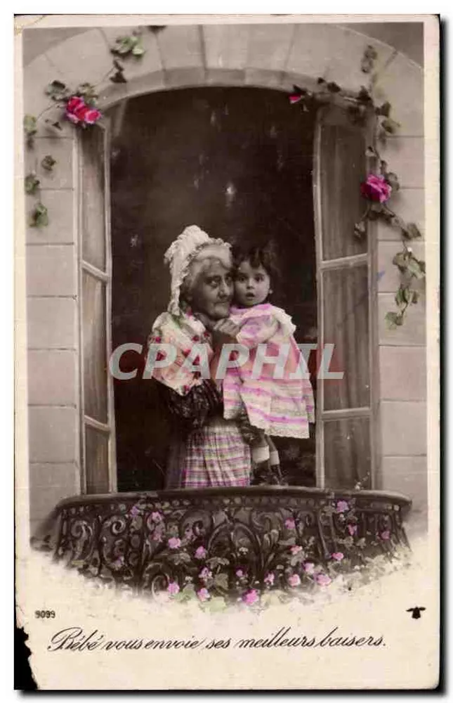 Grand-mère et enfant sur un balcon — décor de roses — éditeur 'L. P. & C. P. Paris' n° 9099 - Vorderseite