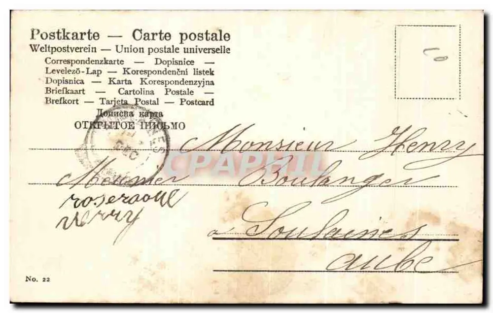 Schlafende Mädchen umgeben von Schafen — Verlag Union postale universelle, Nr. 22 - Rückseite