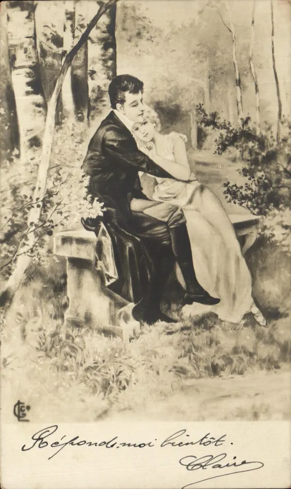 Liebende im Wald — gedruckter und handschriftlicher Text — Verlag C. C. (C. C. Verlag ?) Seriennummer nicht sichtbar - Vorderseite
